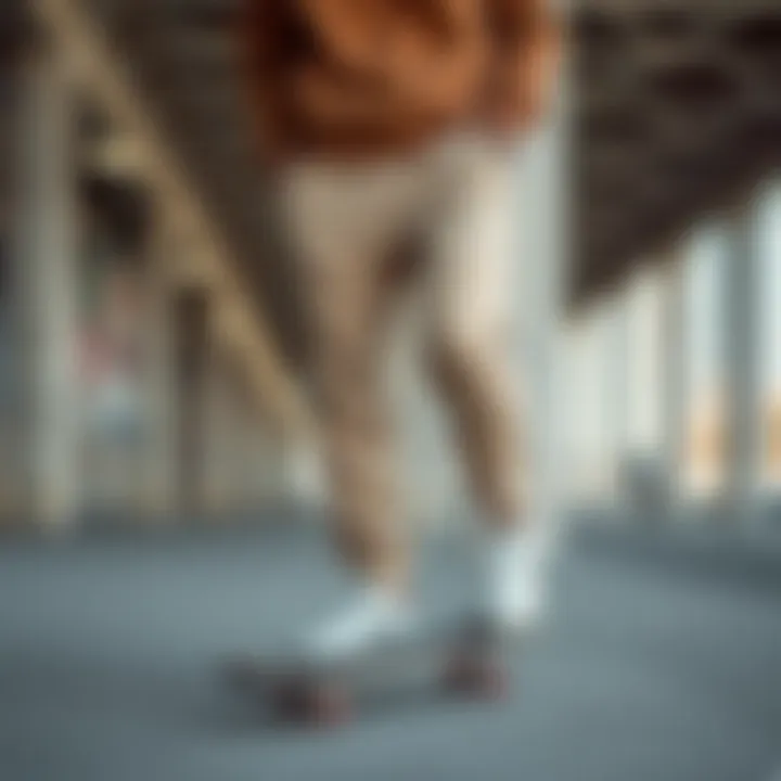 Skater showcasing Nike beige sweatpants in urban setting