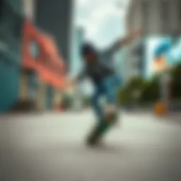 Dynamic skateboarder performing tricks in vibrant urban landscape