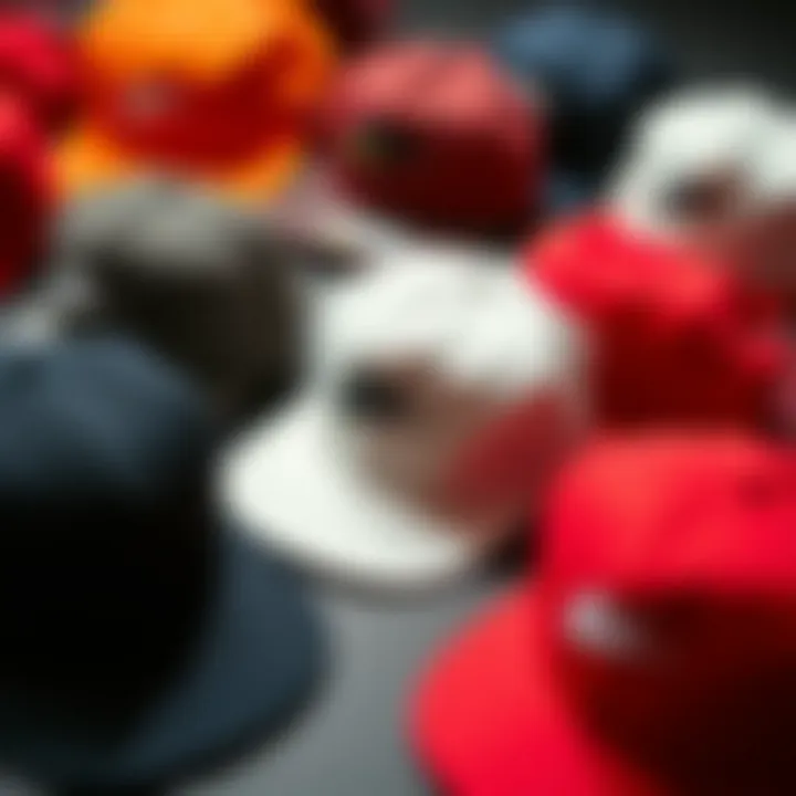Different variations of Nike five panel hats arranged aesthetically.