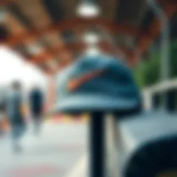 A stylish Nike five panel hat displayed against a vibrant skate park backdrop.