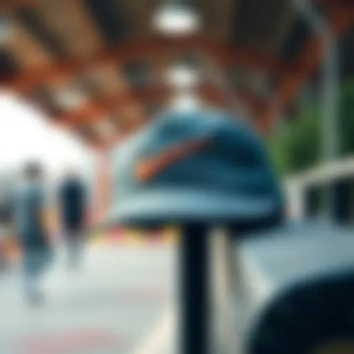 A stylish Nike five panel hat displayed against a vibrant skate park backdrop.