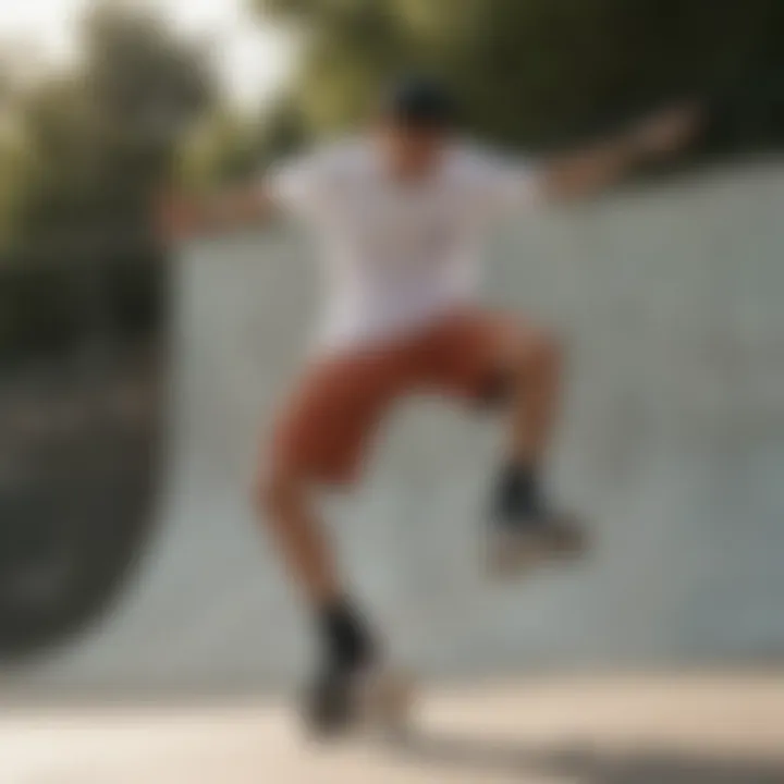 Skater performing a trick while wearing Nike Flow shorts