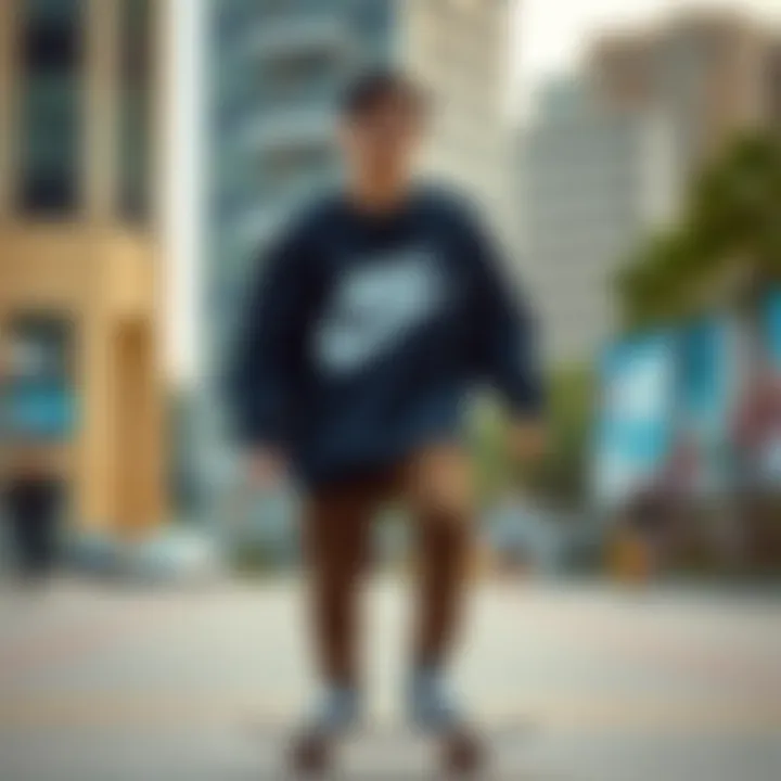 Skateboarder in Nike Oversized Sweatshirt Stylish skateboarder wearing the Nike oversized sweatshirt in an urban setting