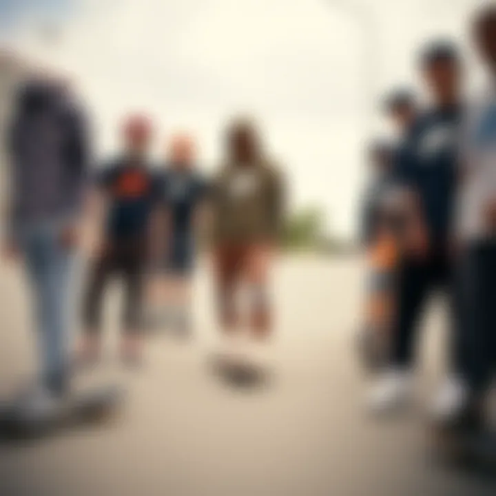 A group of skateboarders showcasing diverse styles in Nike sweatpants