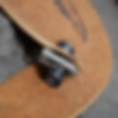 Close-up of a skateboard deck highlighting the texture and material used.