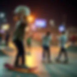 Vibrant skate park filled with skateboarders showcasing tricks