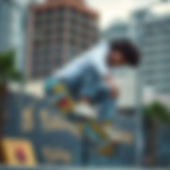 Skater Performing Tricks with Pokémon Deck A skater performing tricks with a Pokémon-themed deck in an urban setting