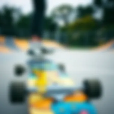 A skateboard showcasing Pokemon grip tape in a skate park setting