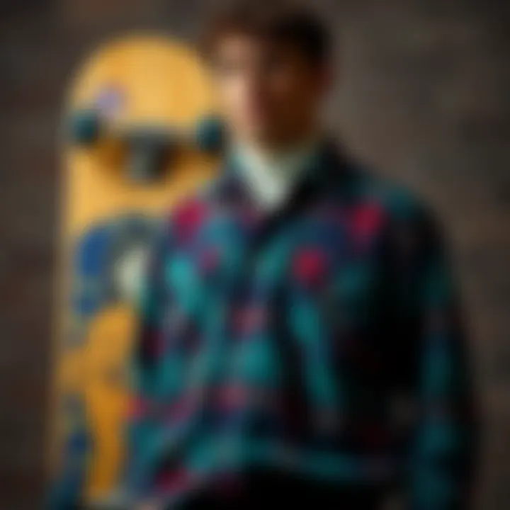 A vibrant primitive flannel shirt showcased against a skateboard backdrop
