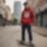 A stylish pullover worn by a skateboarder in an urban setting.