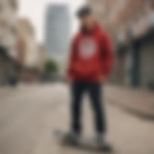 A stylish pullover worn by a skateboarder in an urban setting.