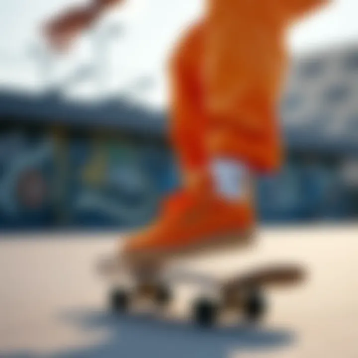 Skater performing tricks while wearing the Reebok Club C Orange on a skateboard