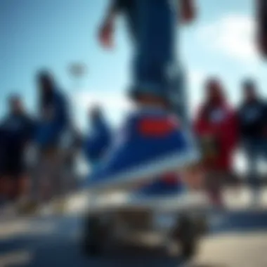 A group of skateboarders wearing royal blue Nike Pros, emphasizing community and style