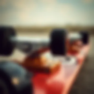 Close-up of skateboard components showcasing trucks and wheels