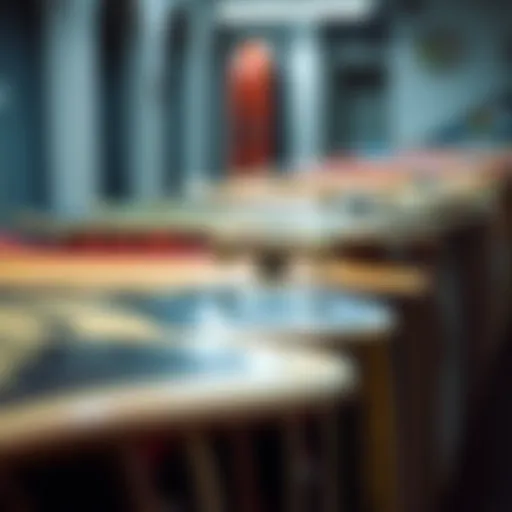 Various types of skateboards lined up for selection