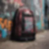 Skate brand backpack displayed against a graffiti wall