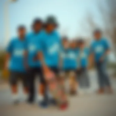 Group of skateboarders showcasing their Carolina blue graphic tees during a skate session