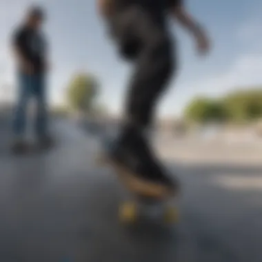 A vibrant skate park scene with individuals wearing black Vans