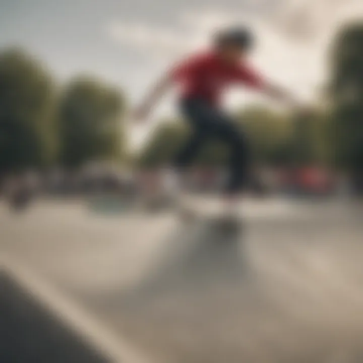 A vibrant skate park scene with skaters wearing New Balance gear