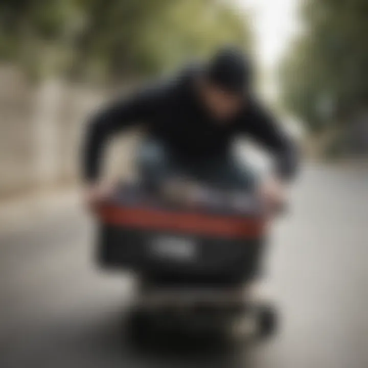 A skateboarder using the Crab Grab Binding Bag to store gear after a session.