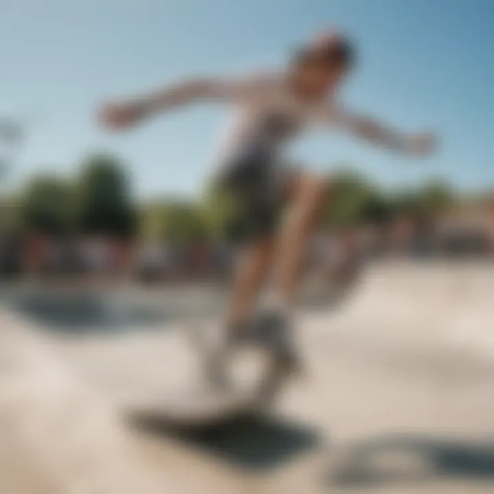 Skateboarder wearing checkerboard shorts performing a trick at a skate park