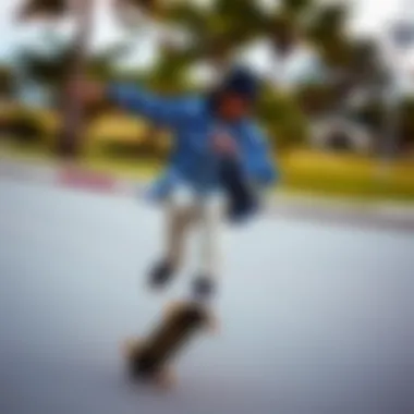Skateboarder wearing royal blue and white flannel shirt in action