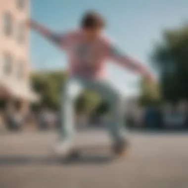 A skateboarder wearing a pastel tie dye sweatshirt while performing tricks.