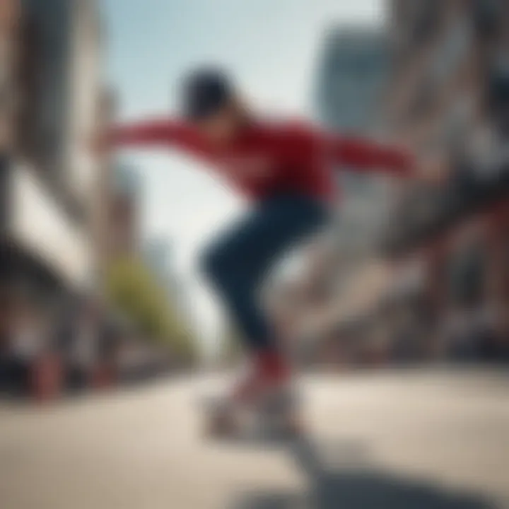 Skateboarder performing tricks in a vibrant urban setting with New Balance shoes