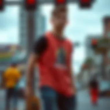 A skateboarder wearing a sketchy tank t-shirt in an urban setting