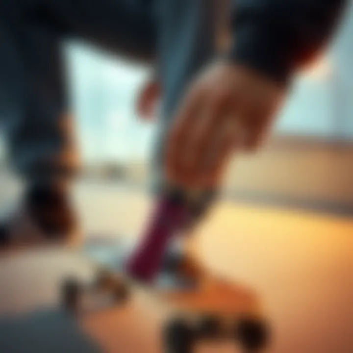 Practical Application of Skate Tool Keychain in Action A skateboarder using a keychain tool during a session.