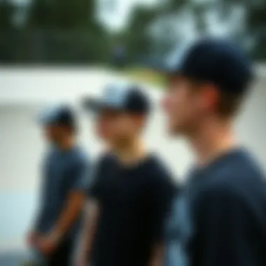 A group of skateboarders wearing black and grey trucker hats at a skate park
