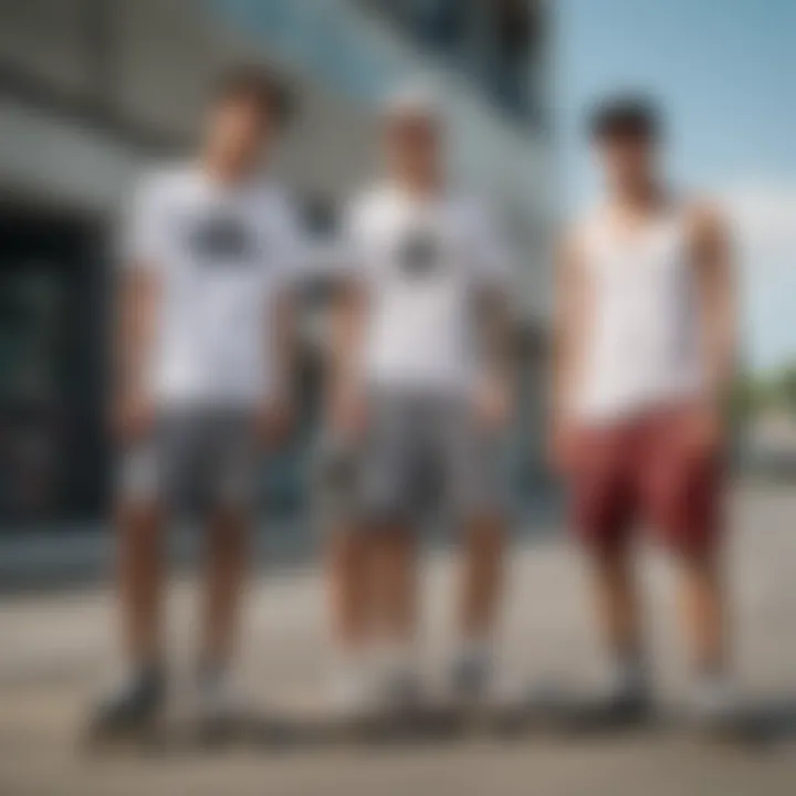 Group of skateboarders wearing checkerboard shorts in an urban setting