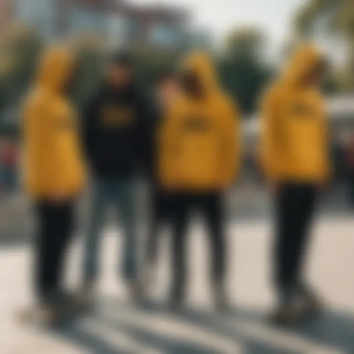 A group of skateboarders showcasing their gold and black hoodies at a skate park