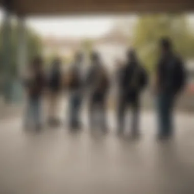 Group of skateboarders with backpacks in a skate park