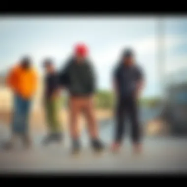 Group of skaters wearing trendy 33x30 pants in an urban skate park