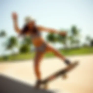 A skateboarder performing tricks while wearing a checkered bikini