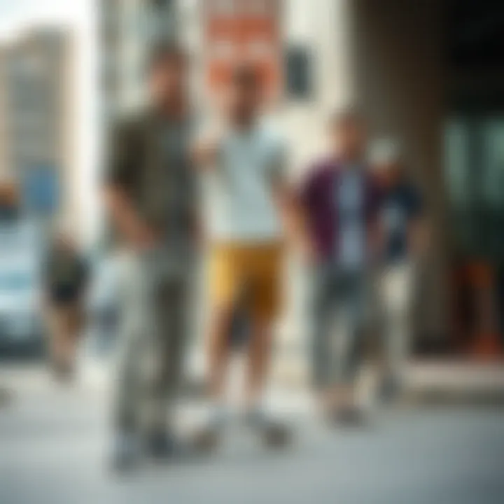 Skater Khakis in Urban Culture A group of skaters wearing khakis in a vibrant urban setting