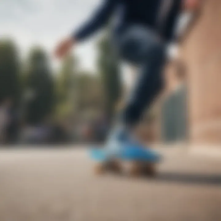 Skater performing a trick while wearing electric blue vans