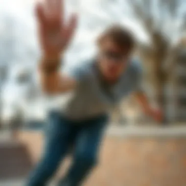 Skater in Action with Blue Glasses A skater wearing blue square frame glasses performing a trick