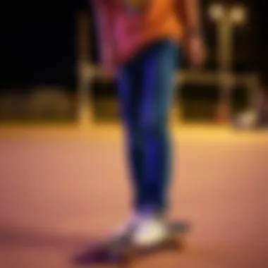 Skater wearing vintage low rise jeans with modern accessories