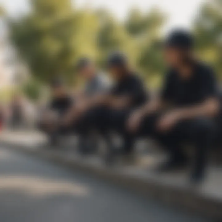 Group of skaters showcasing their black RVCA hats in a park.