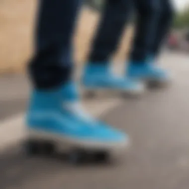 A group of skaters gathered, all sporting electric blue vans