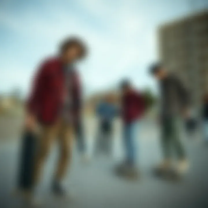 A group of skaters wearing primitive flannel in an urban skate park