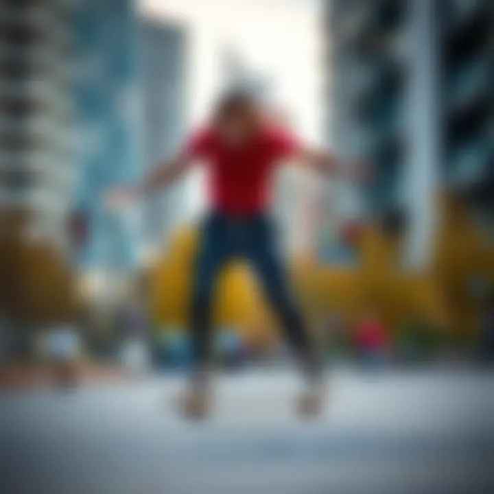 Active individual skating while wearing pants with a built-in belt