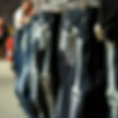 A collection of skeleton denim pants displayed on a rack