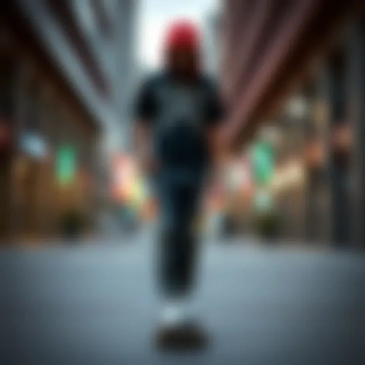 Skateboarder wearing skeleton denim pants in an urban setting