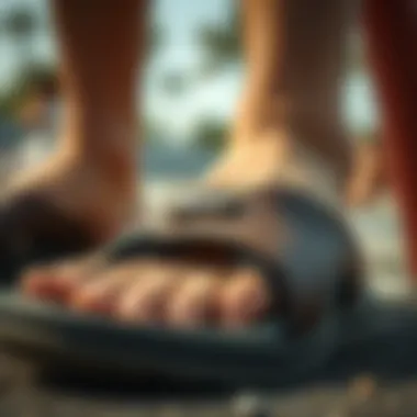 Detailed view of the cushioning and support features of the sandals