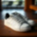 A stylish pair of black and white Stan Smith Adidas sneakers on a wooden surface