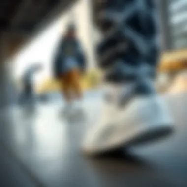 An urban skate park setting with skateboarders wearing Stan Smith Adidas sneakers