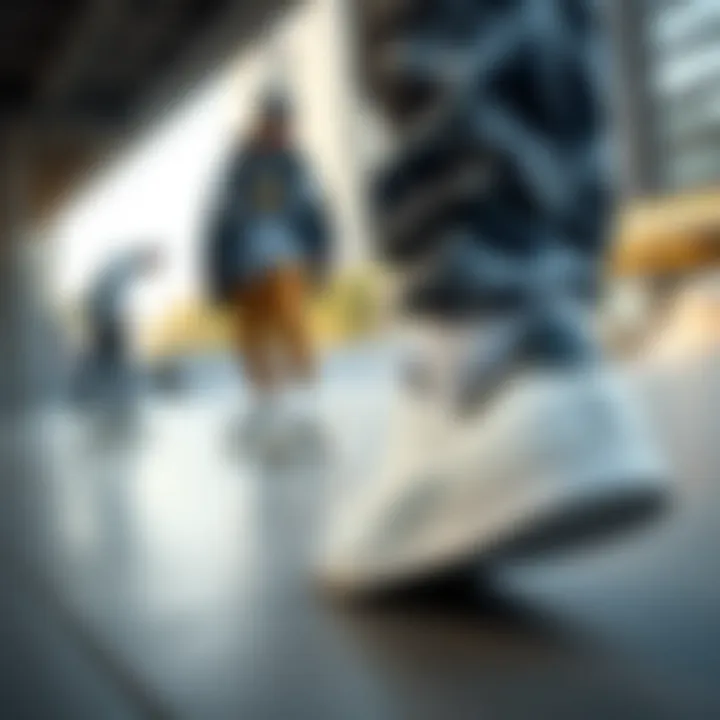 An urban skate park setting with skateboarders wearing Stan Smith Adidas sneakers